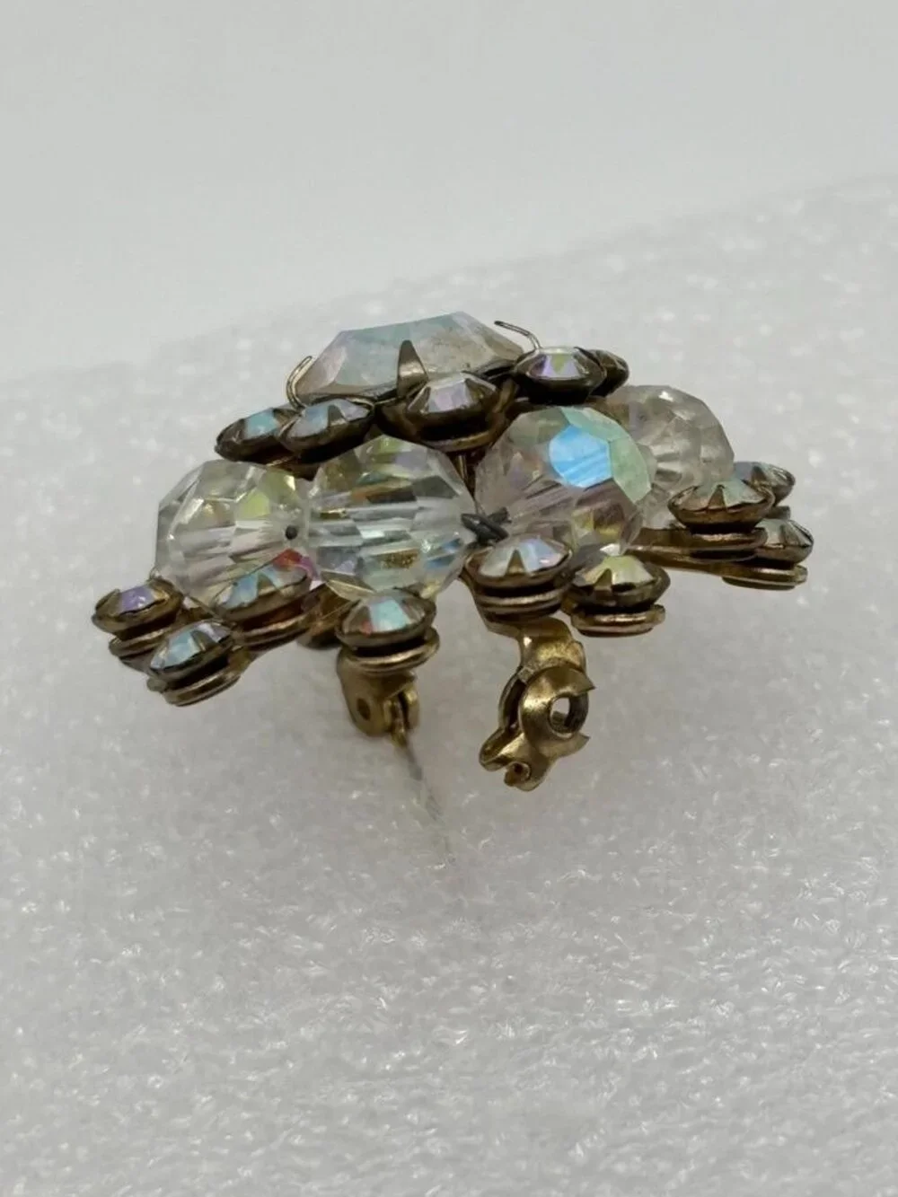 Vintage Domed Crystal Aurora Borealis Starburst Brooch Open Back Frame, Unsigned